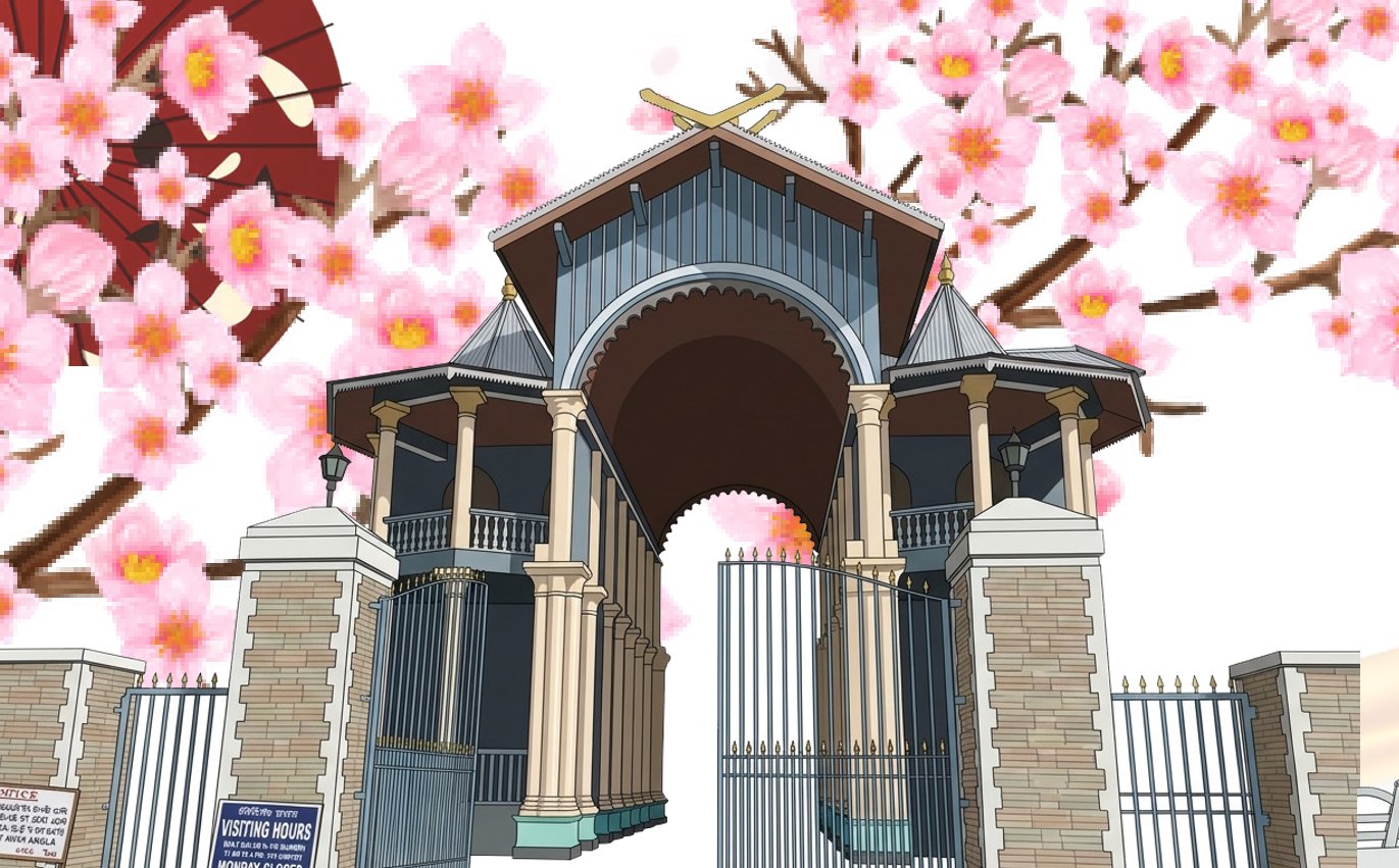 Illustration of a Manipuri gate among cherry blossoms