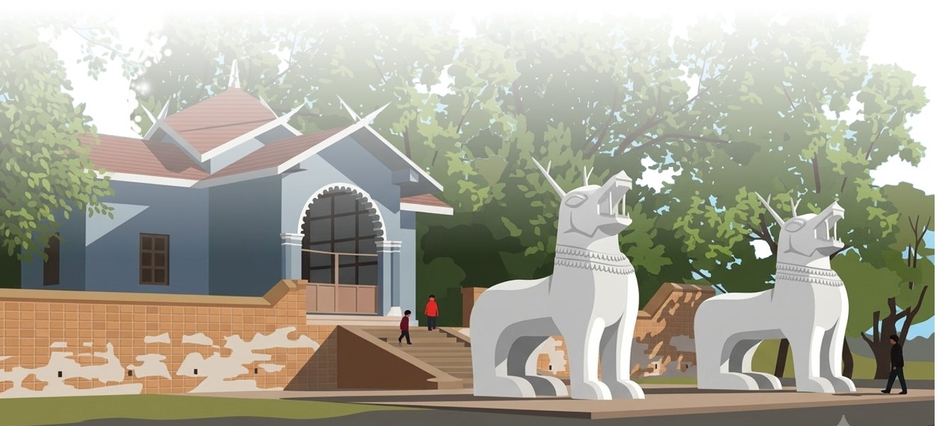 Illustration of a Manipuri gateway guarded by two lion statues