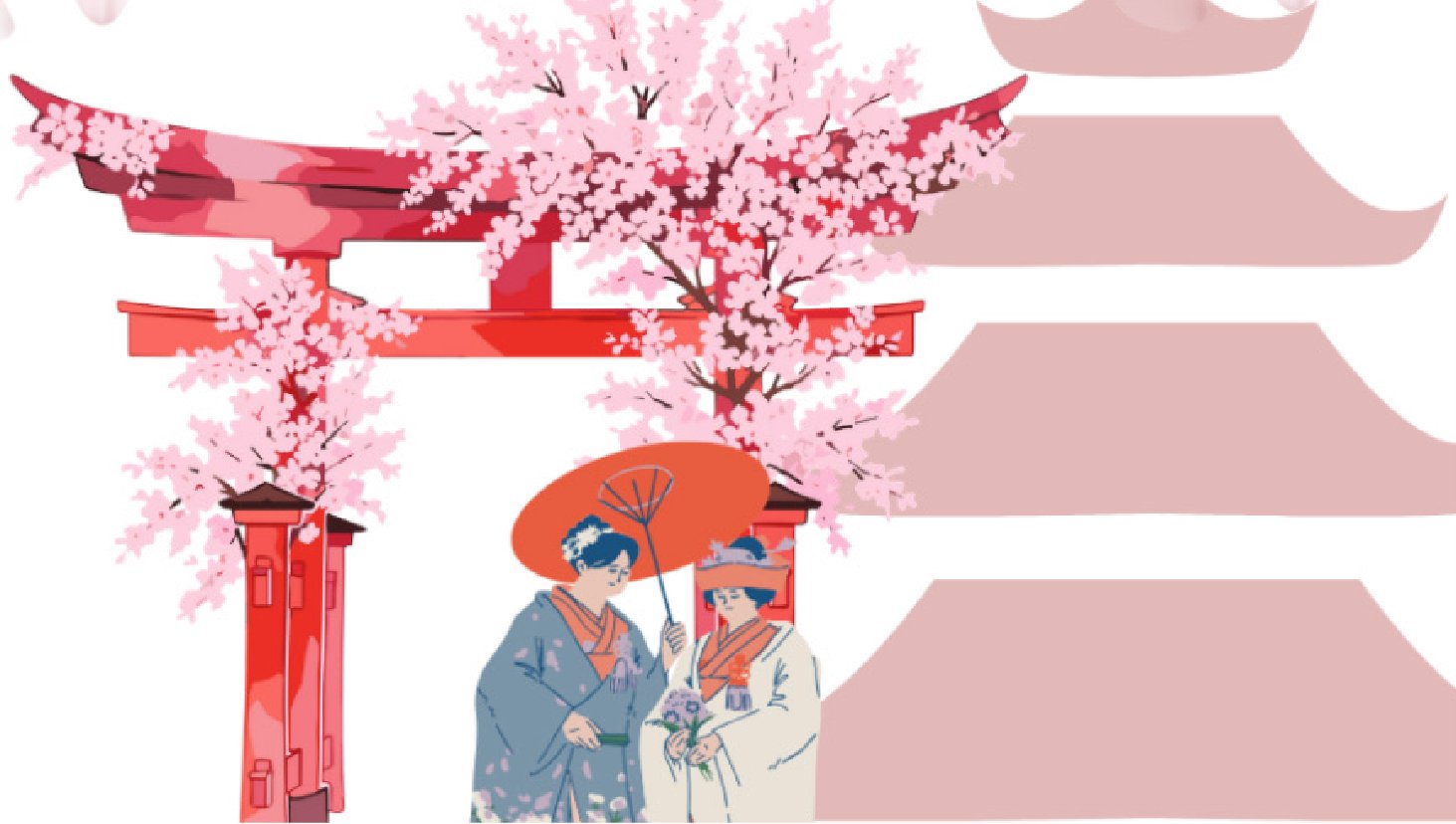 Illustration of a couple in kimono under a torii gate